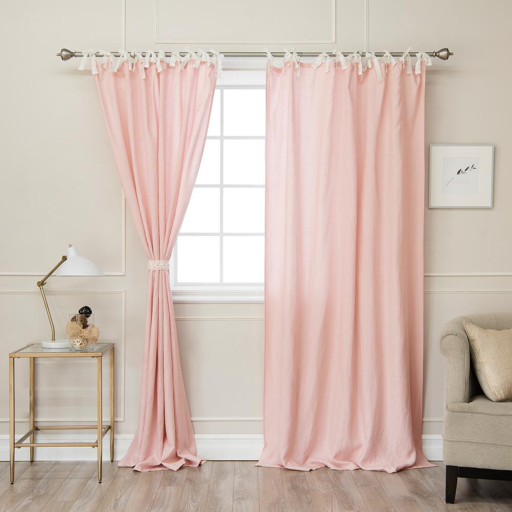 Pink Window Treatments The Home Depot Pink 84 In L Abelia Belgian Flax Linen Lace Tie Top Curtain Panel