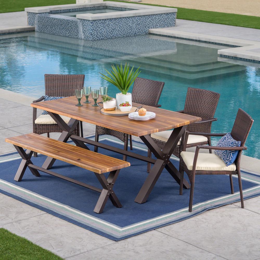 Noble House 6 Piece Wicker Wood And Metal Rectangular Outdoor Dining Set With Beige Cushion