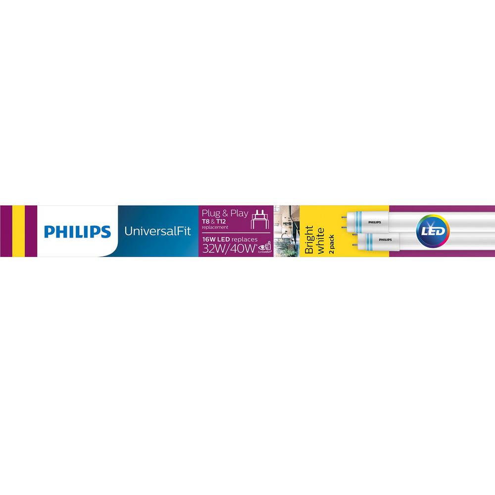 Philips 32 Watt T8 40 Watt T12 4 Ft Linear Replacement Universal Fit Led Tube Light Bulb Bright White 3000k 2 Pack The Home Depot