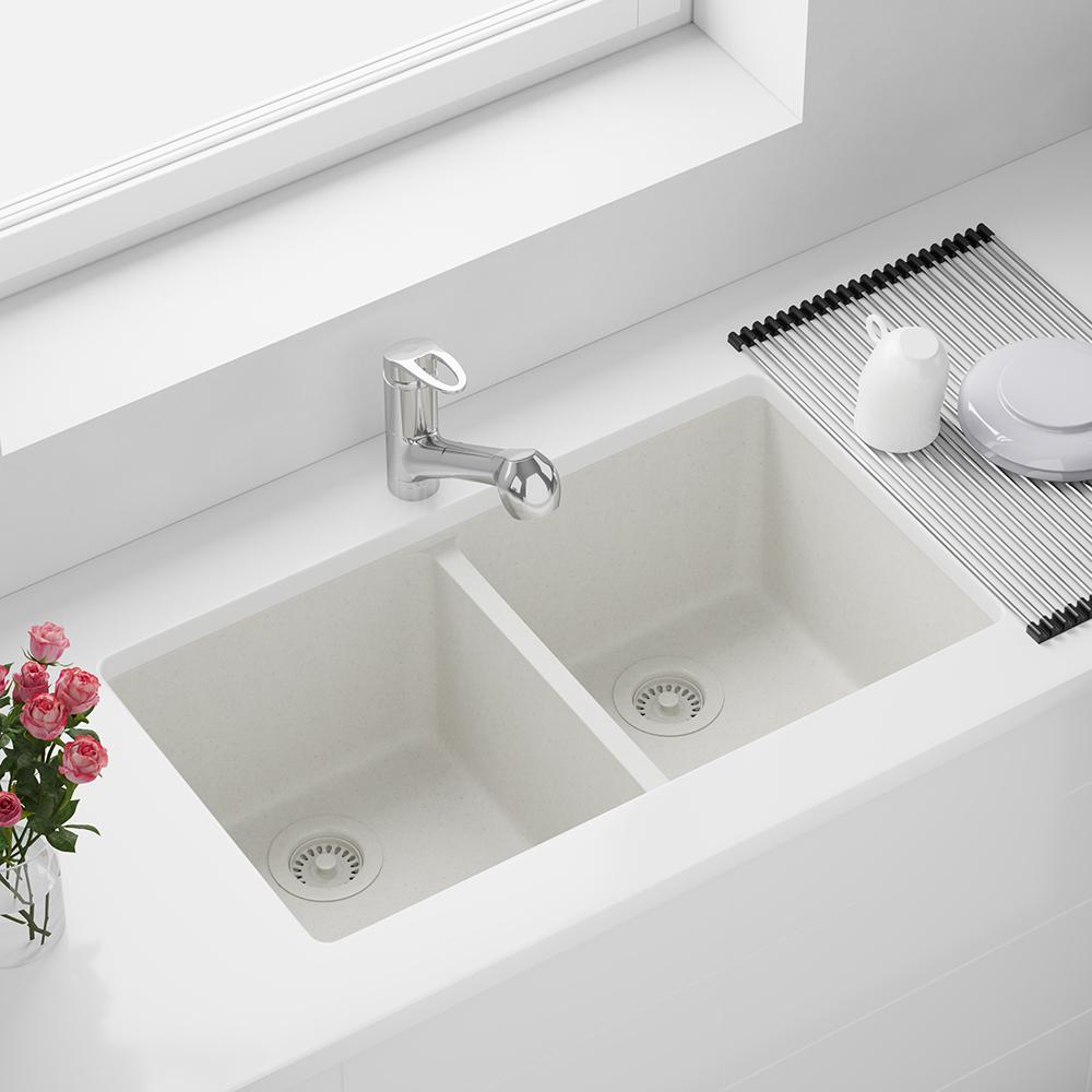 Mr Direct Undermount Granite Composite 32 1 2 In 50 50 Double Bowl Kitchen Sink Kit In White 802 W Rg The Home Depot