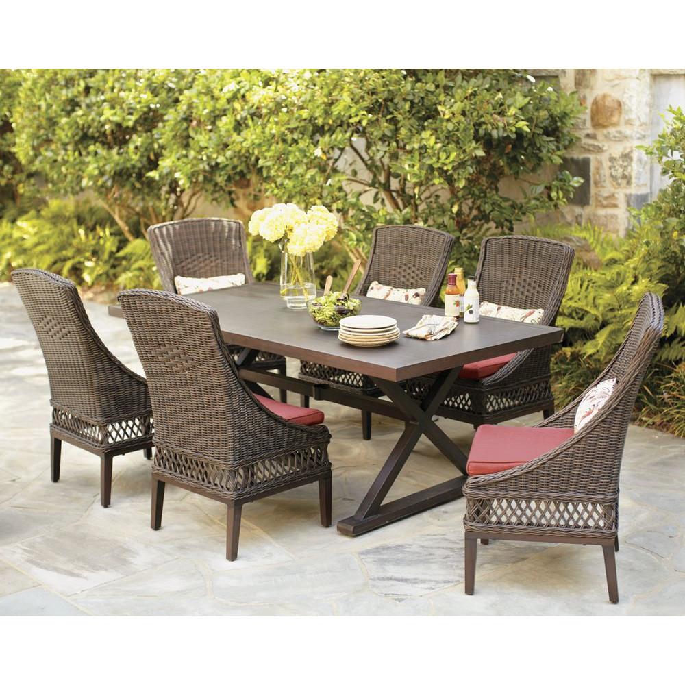 Hampton Bay Woodbury 7Piece Wicker Outdoor Patio Dining Set with Chili CushionD91277PCR  The 