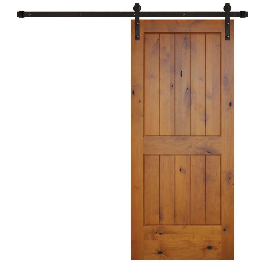 Pacific Entries 36 In X 84 In Rustic 2 Panel V Groove Prefinished Knotty Alder Wood Interior Barn Door With Bronze Hardware