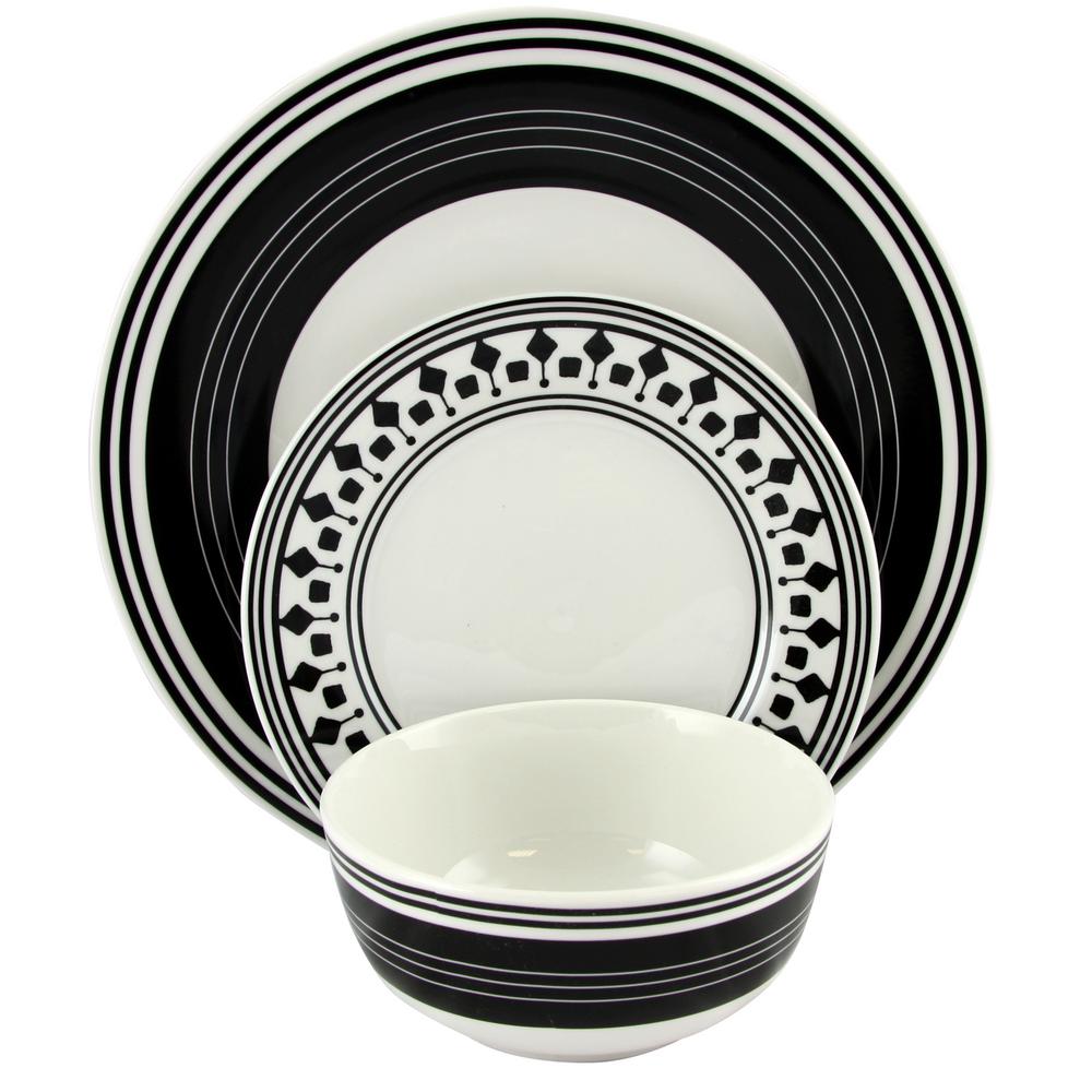 Gibson Home Classic Melody 12-Piece Black and White Ceramic Dinnerware