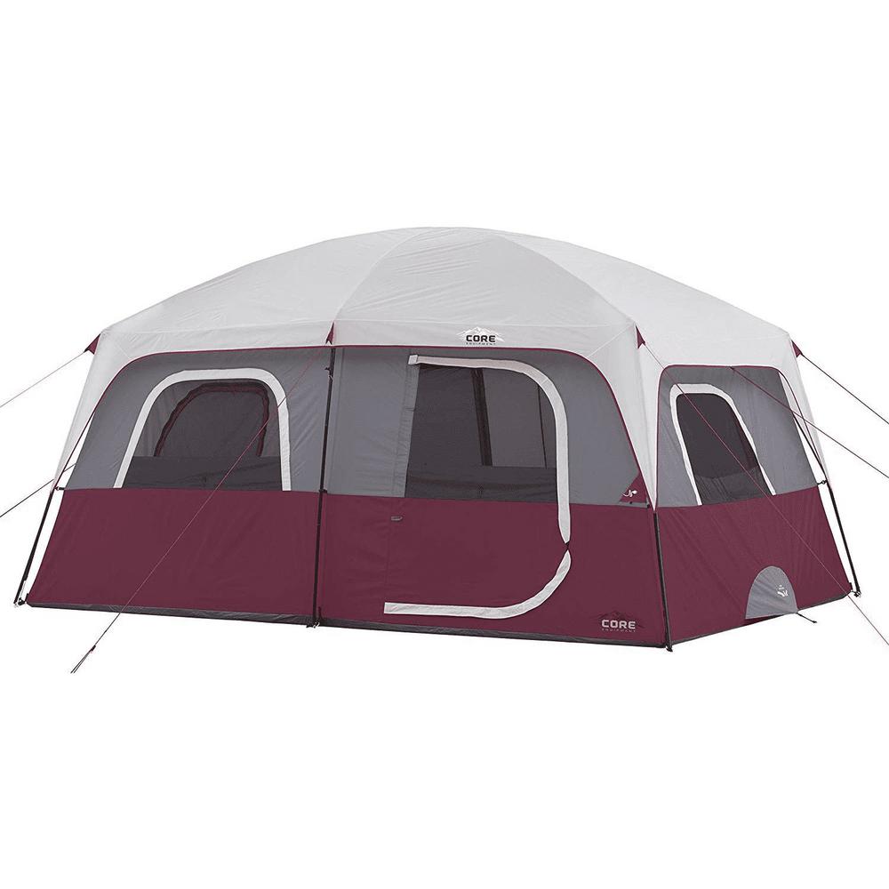 Core Straight Wall 14 Ft X 10 Ft 10 Person Cabin Tent With 2 Rooms And Rainfly In Red