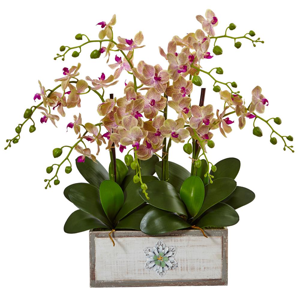 Nearly Natural Indoor Phalaenopsis Orchid Arrangement in Decorative Wood Planter1491 The Home