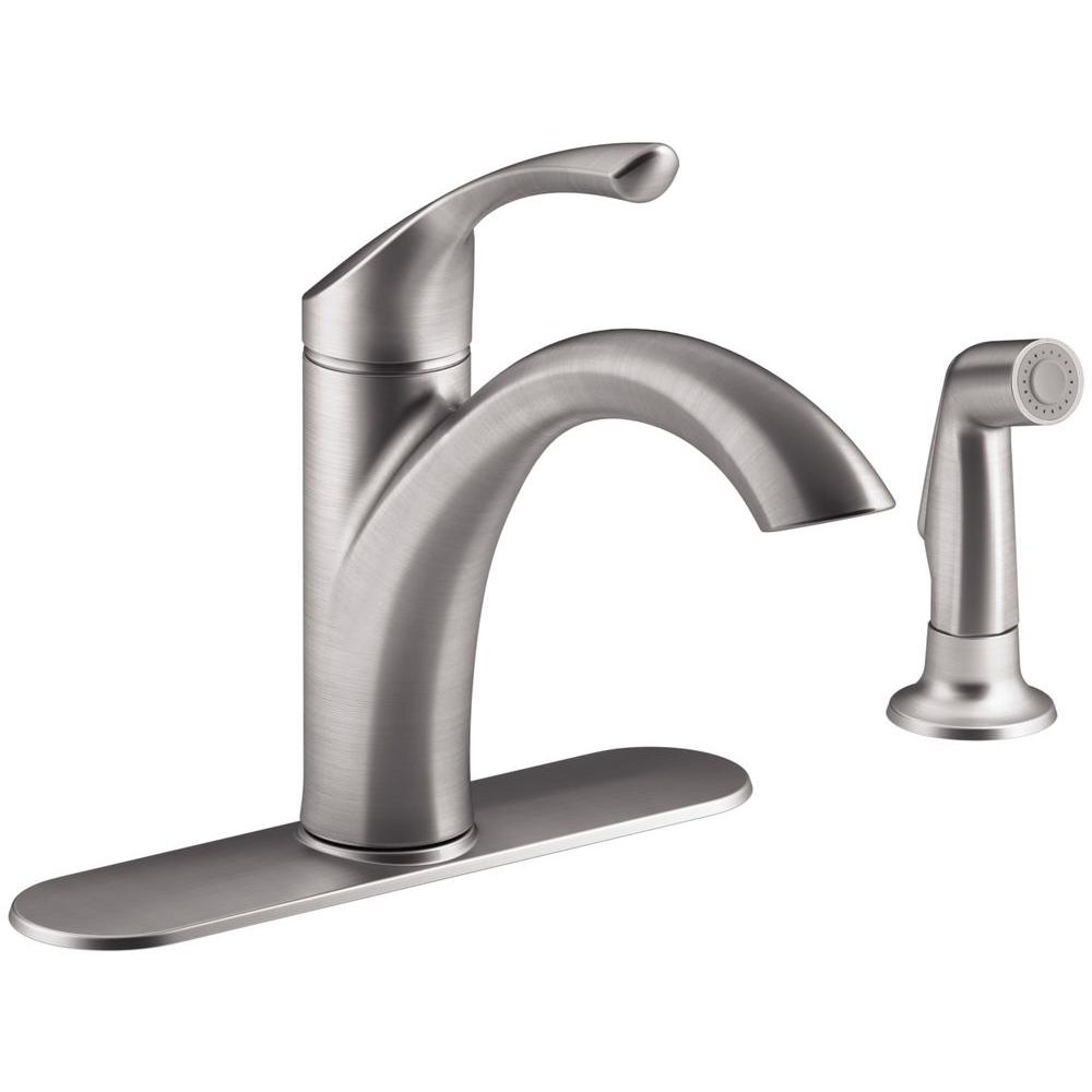 Kohler Mistos Single Handle Standard Kitchen Faucet With Side Sprayer In Stainless Steel K R72508 Vs The Home Depot