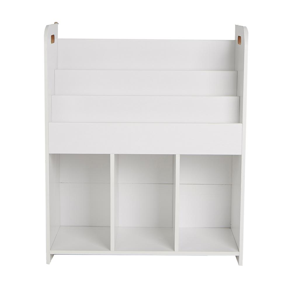 White Wood Book Shelf And Cubby Book Organizer With Toy Bins