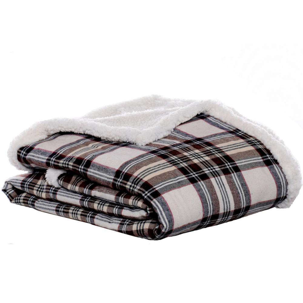 Eddie Bauer Edgewood Plaid Flannel Sherpa Throw Blanket Khaki 50/" x 60/"