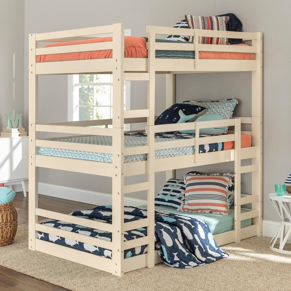 white triple bunk bed with storage