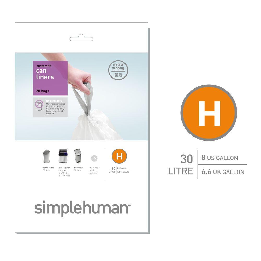 Simplehuman Custom Fit Liners Trash Bags – Size H (30-35L) – 8 Rolls, 30 Liners/Roll, White