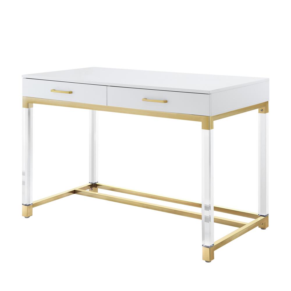 Inspired Home Caspian White/Gold Writing Desk with High Gloss Finish