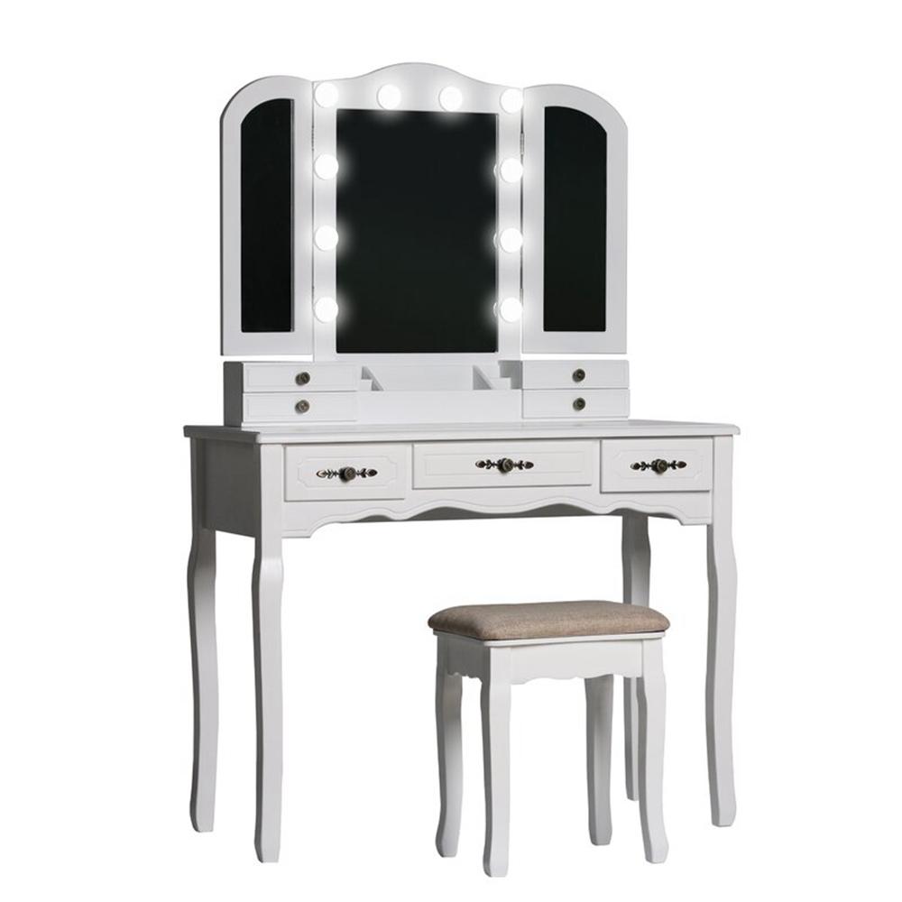 VEIKOUS Modern Wooden White Bedroom Vanity Sets Makeup Table With Stool