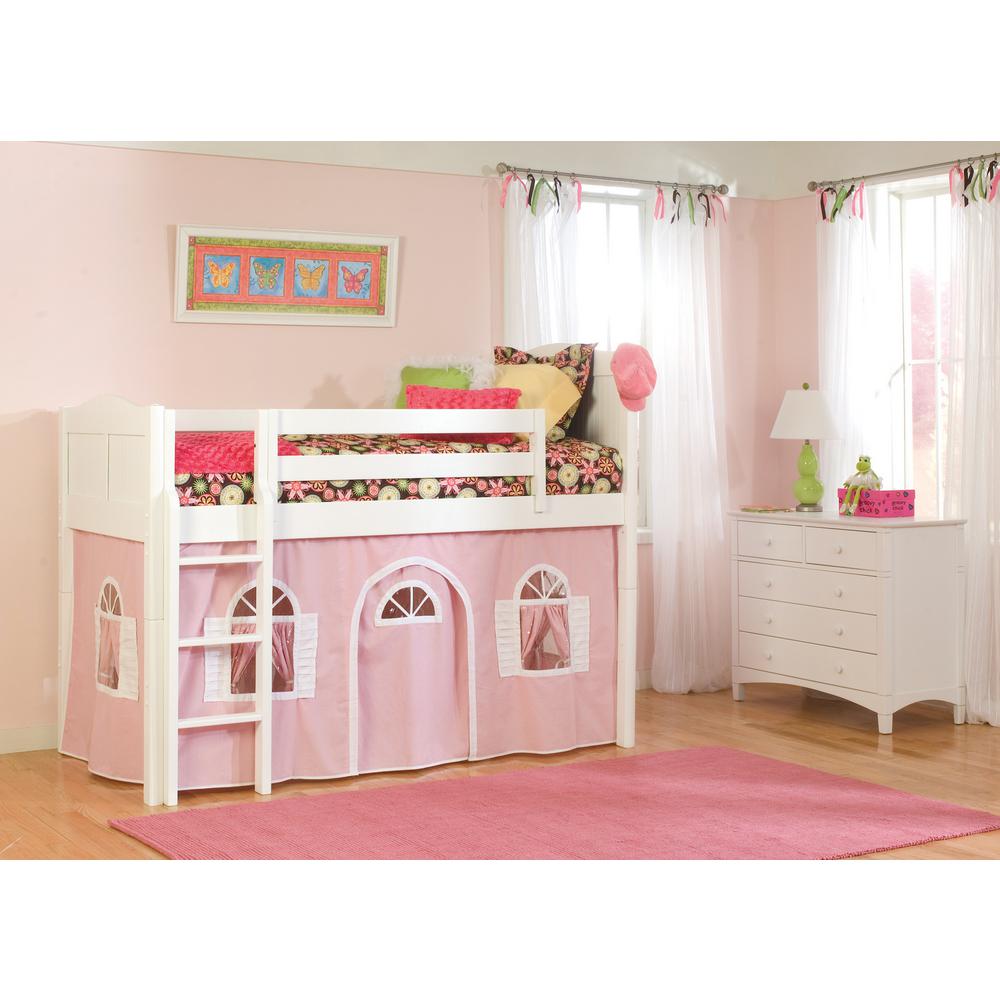 Cottage White Twin Low Loft Bed With Pink And White Bottom Curtain