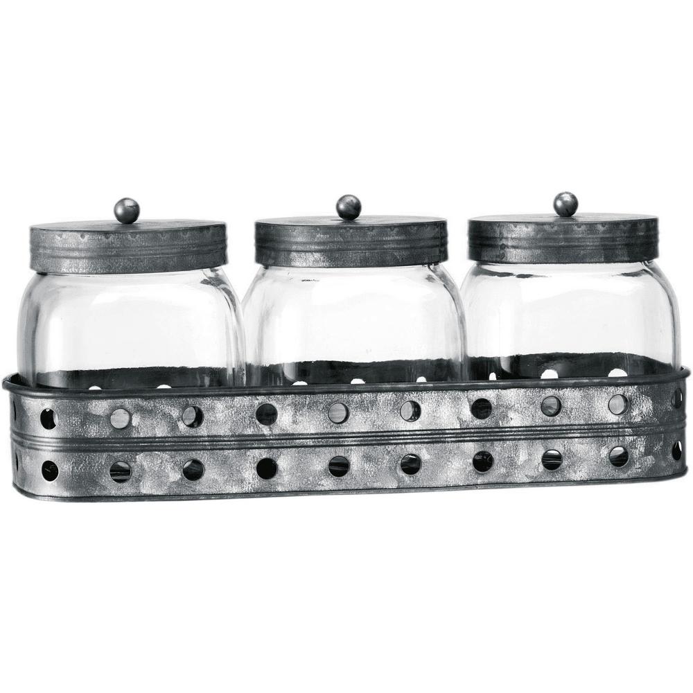 UPC 786460001084 product image for HOME ESSENTIALS AND BEYOND Glass Canisters With Galvanized Tray (Set of 3), Clea | upcitemdb.com