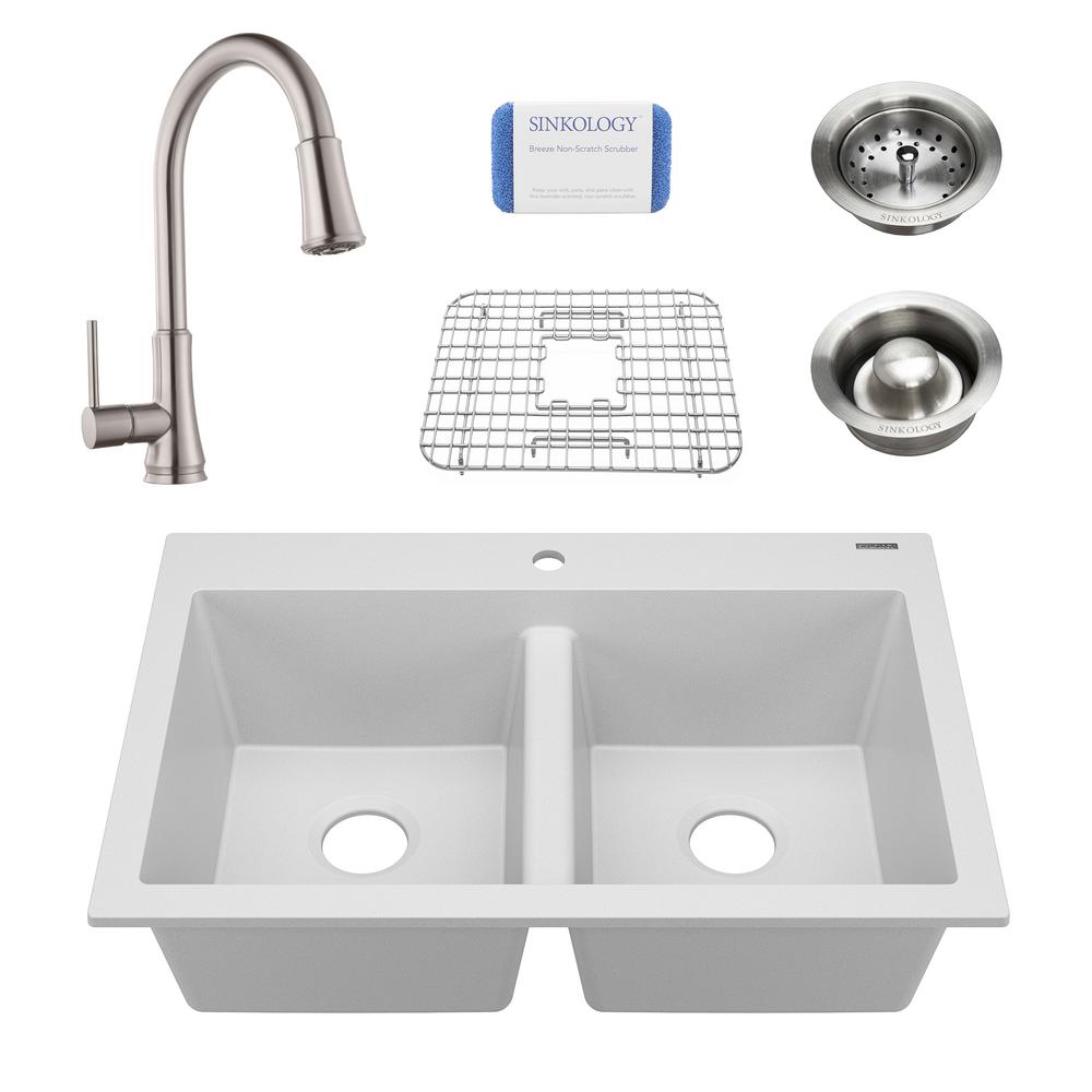 Sinkology Whitney All In One Drop Granite Composite 33 1 Hole Double Bowl Kitchen Sink With Faucet And Drains White