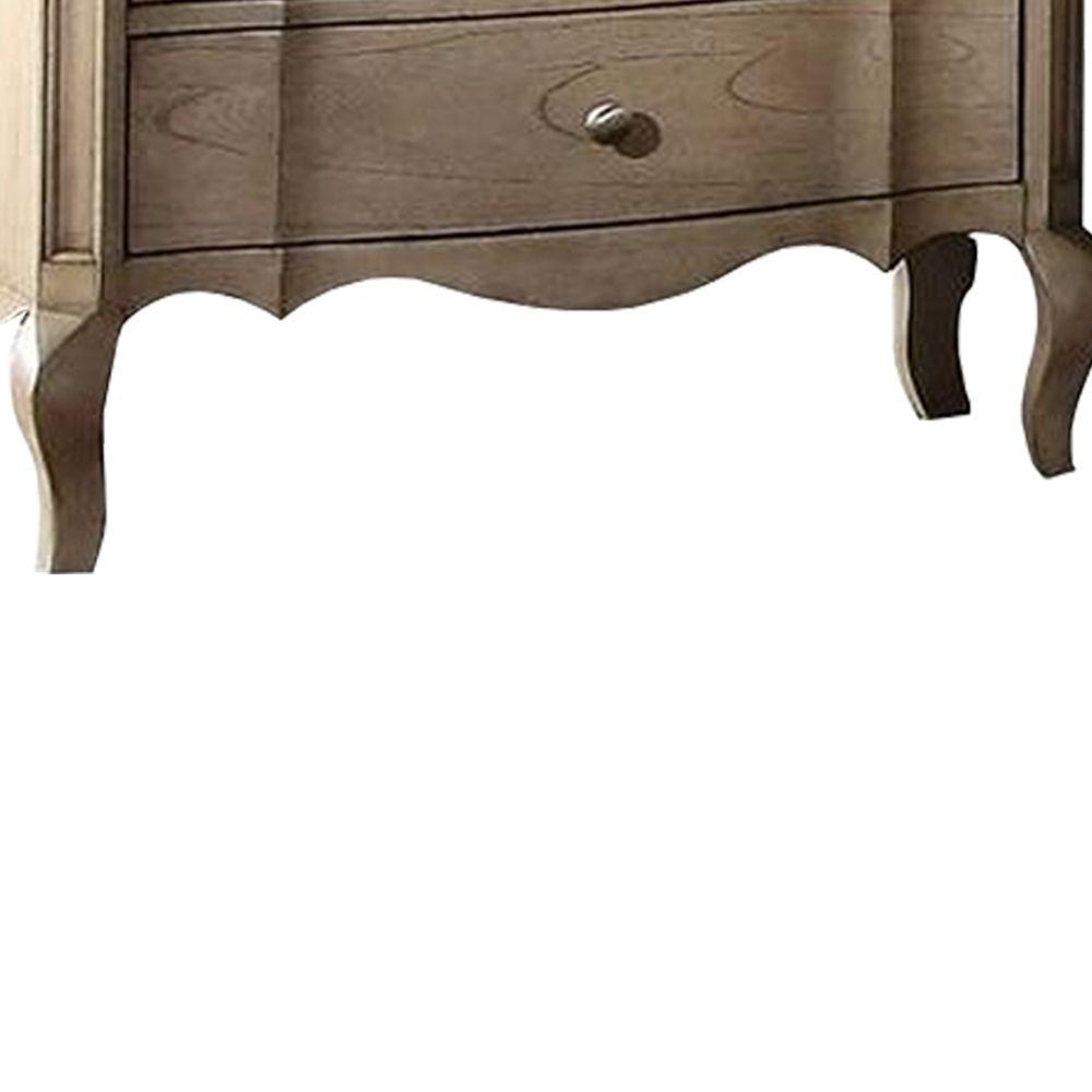 Benzara Three Drawer Antique Taupe Nightstand With Scalloped Bottom Edge And Cabriole Leg Bm185445 The Home Depot