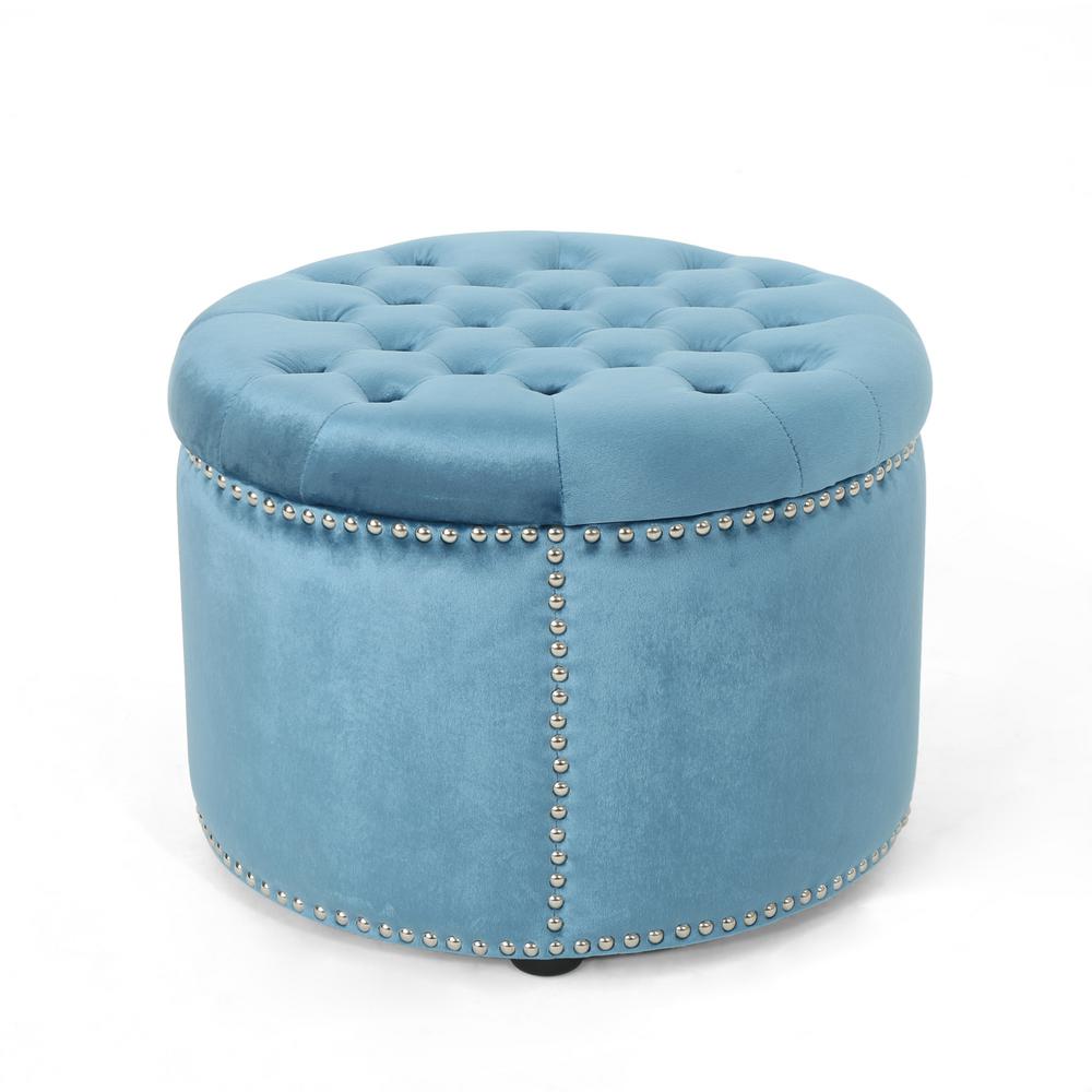 Le House Tiernan Glam Round Tufted Aqua Velvet Ottoman With Stud Le House Tiernan Glam Round Tufted Aqua Velvet Ottoman With Stud Accents