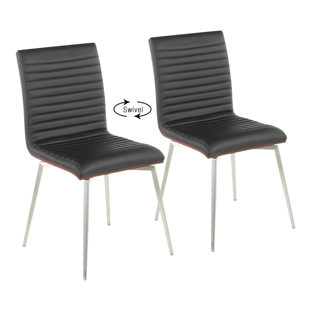 Set of 2 Mason Swivel Modern Walnut Wood Back Dining Chairs Stainless Steel/Black - LumiSource: Memory Swivel, Tufted Seat, Floor Protectors