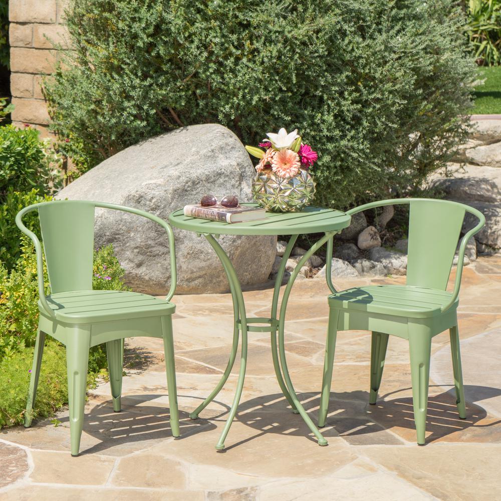 Noble House Matte Green 3 Piece Metal Round Outdoor Bistro Set