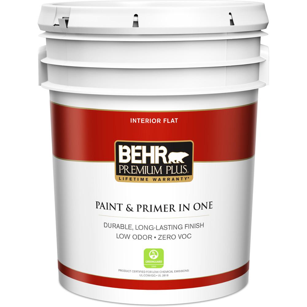 BEHR Premium Plus 5 gal. Ultra Pure White Flat Zero VOC Interior Paint
and Primer in One105005