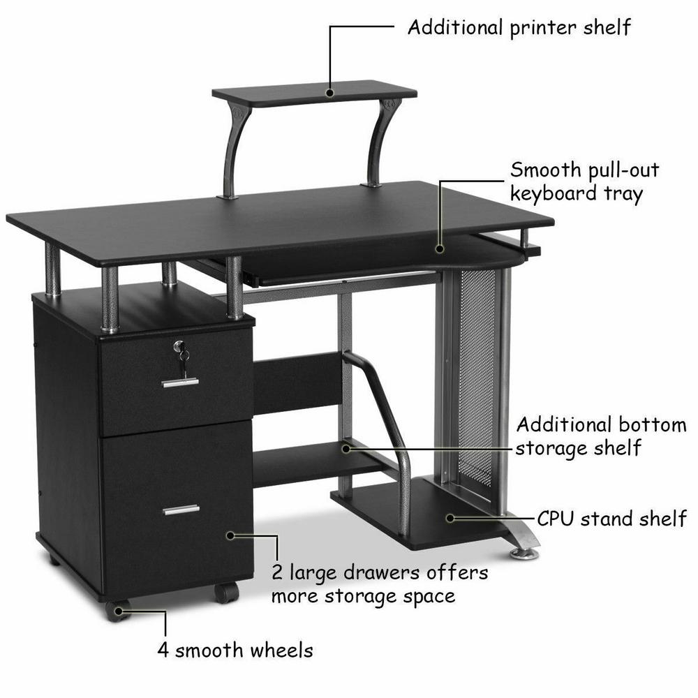 Costway 24 In Rectangular Black 2 Drawer Computer Desk With Solid Drawer Computer Desk