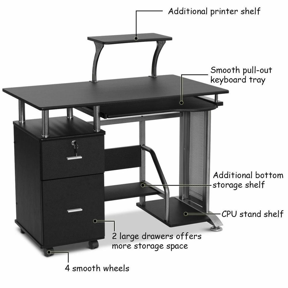 Computer Desk Rolling Shelf Stand Table Laptop w/Printer Home Office Furniture