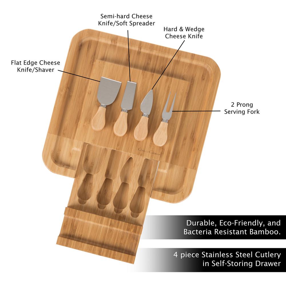 4 Piece Bamboo Cheese Serving Tray Set With Stainless Steel
