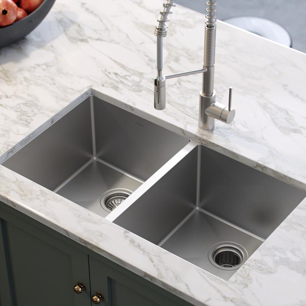 Kraus Standart Pro 33in 16 Gauge Undermount 50 50 Double Bowl Stainless Steel Kitchen Sink Khu102 33 The Home Depot