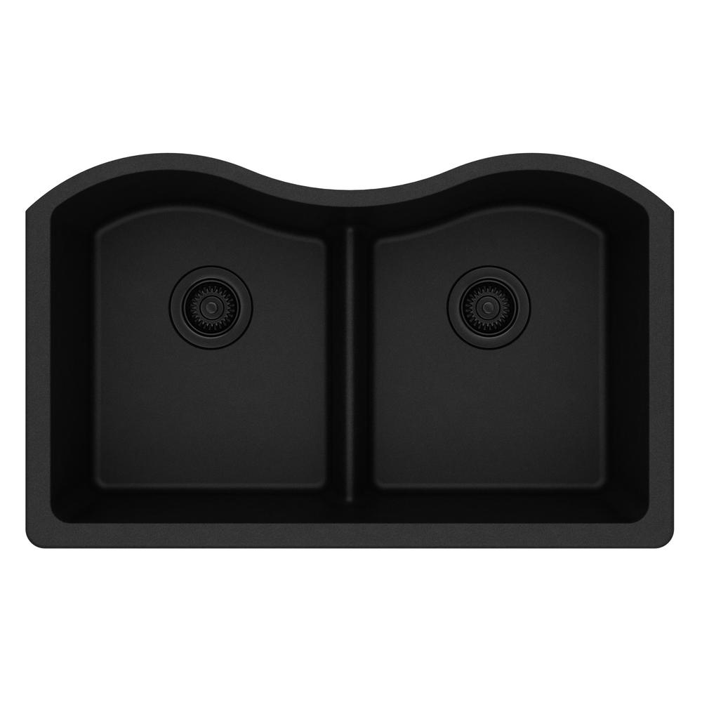 Double Low Divide Elkay Undermount Kitchen Sinks Quartz Clic Undermount Composite 33 In Rounded Offset Double Bowl Kitchen Sink Black