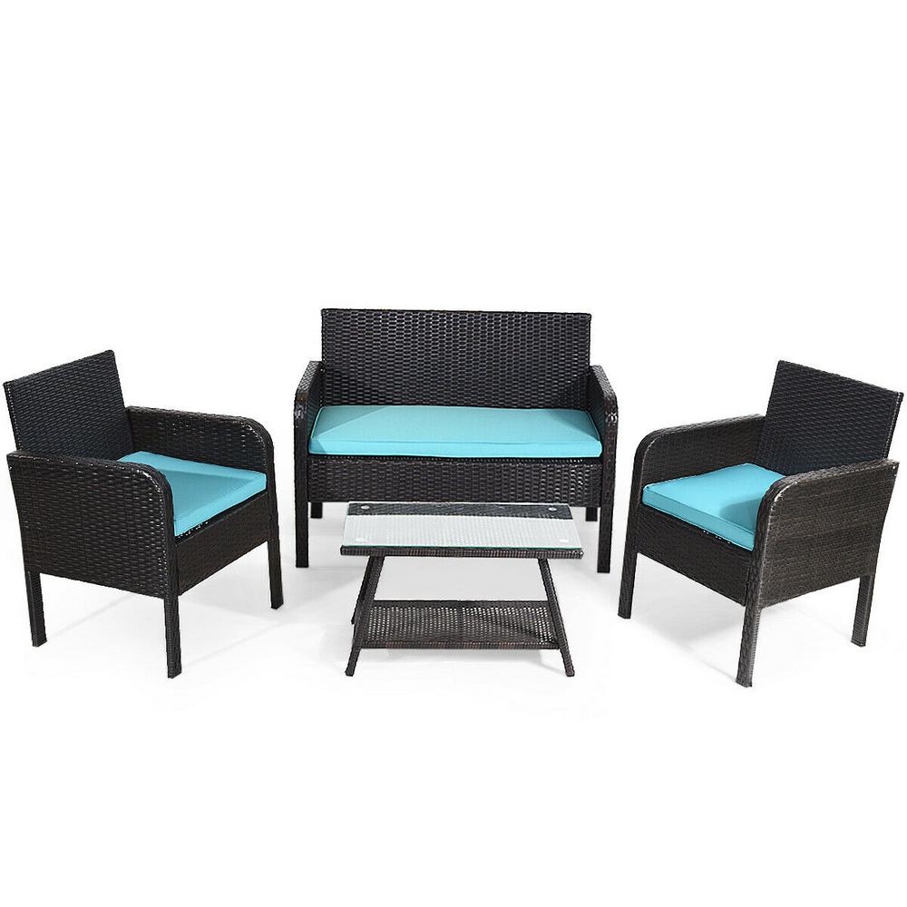 Costway 4 Piece Pe Rattan Wicker Patio Conversation Set With Blue Cushions Outdoor Furniture Set Table Sofa Garden Hw62366 The Home Depot