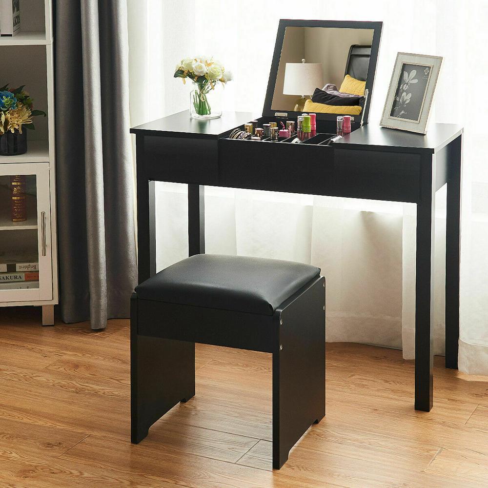 Costway 2 Piece Black Vanity Dressing Table Set Mirrored Bedroom Furniture With Stool And Storage Box Hw53894bk The Home Depot