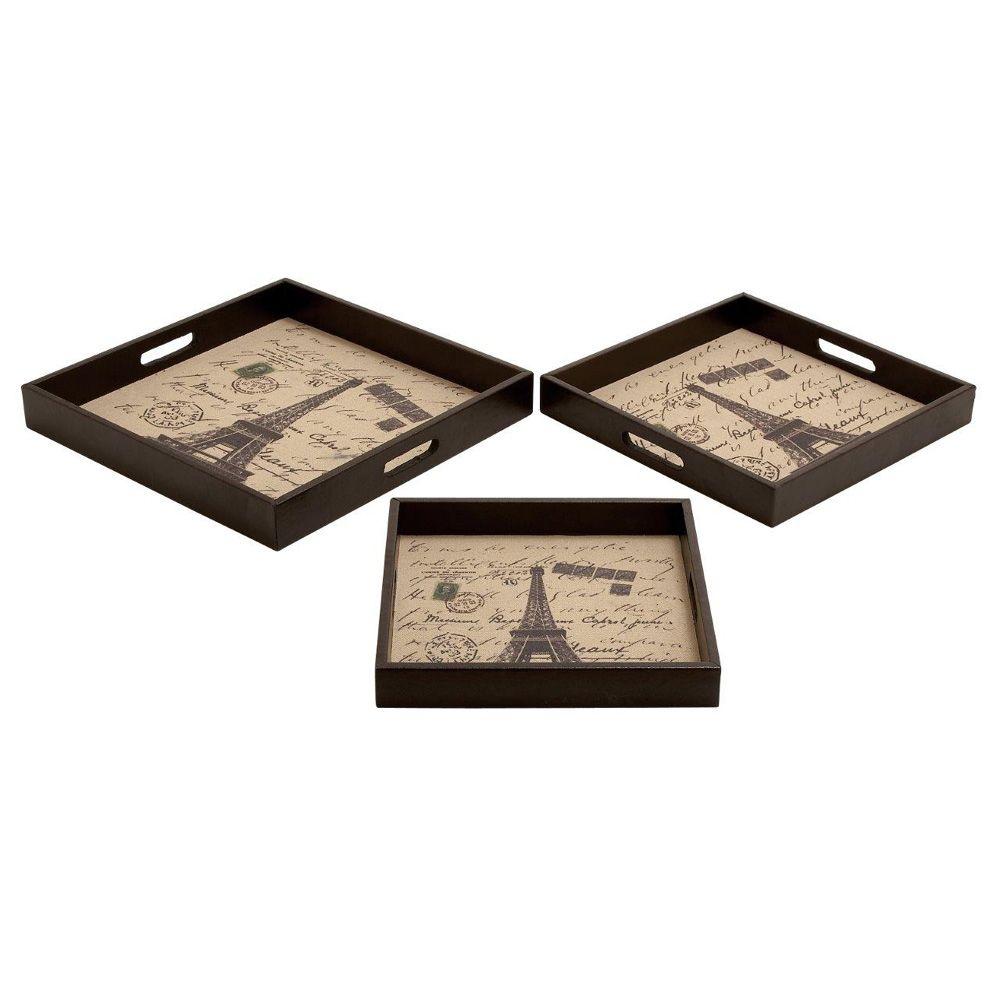 ORE International Paris Wooden with Pleather Tray Set54122 The Home