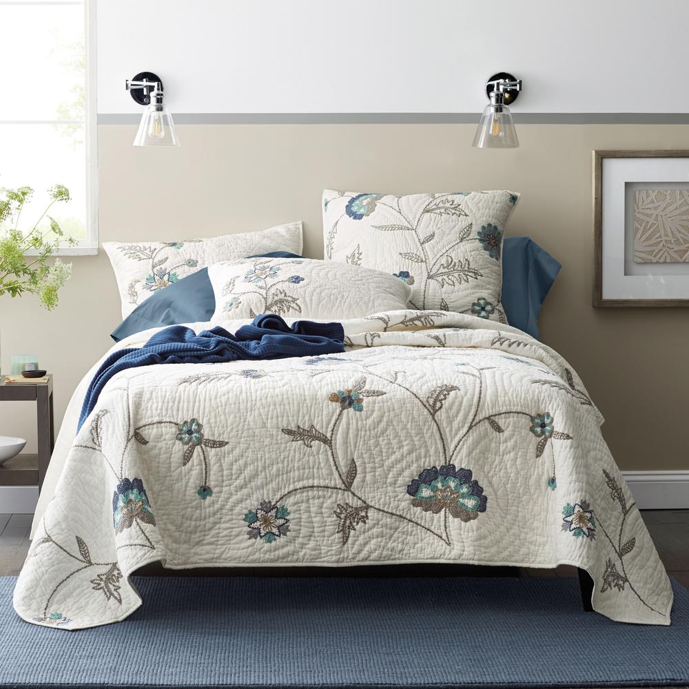 The Company Store Belport White Gray Floral Full Queen Cotton