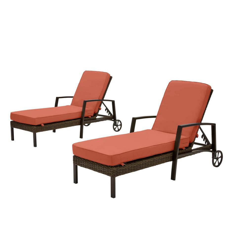 Hampton Bay Whitfield Dark Brown Wicker Outdoor Patio Chaise Lounge With Cushionguard Quarry Red Cushions 2 Pack H151 01399700 The Home Depot