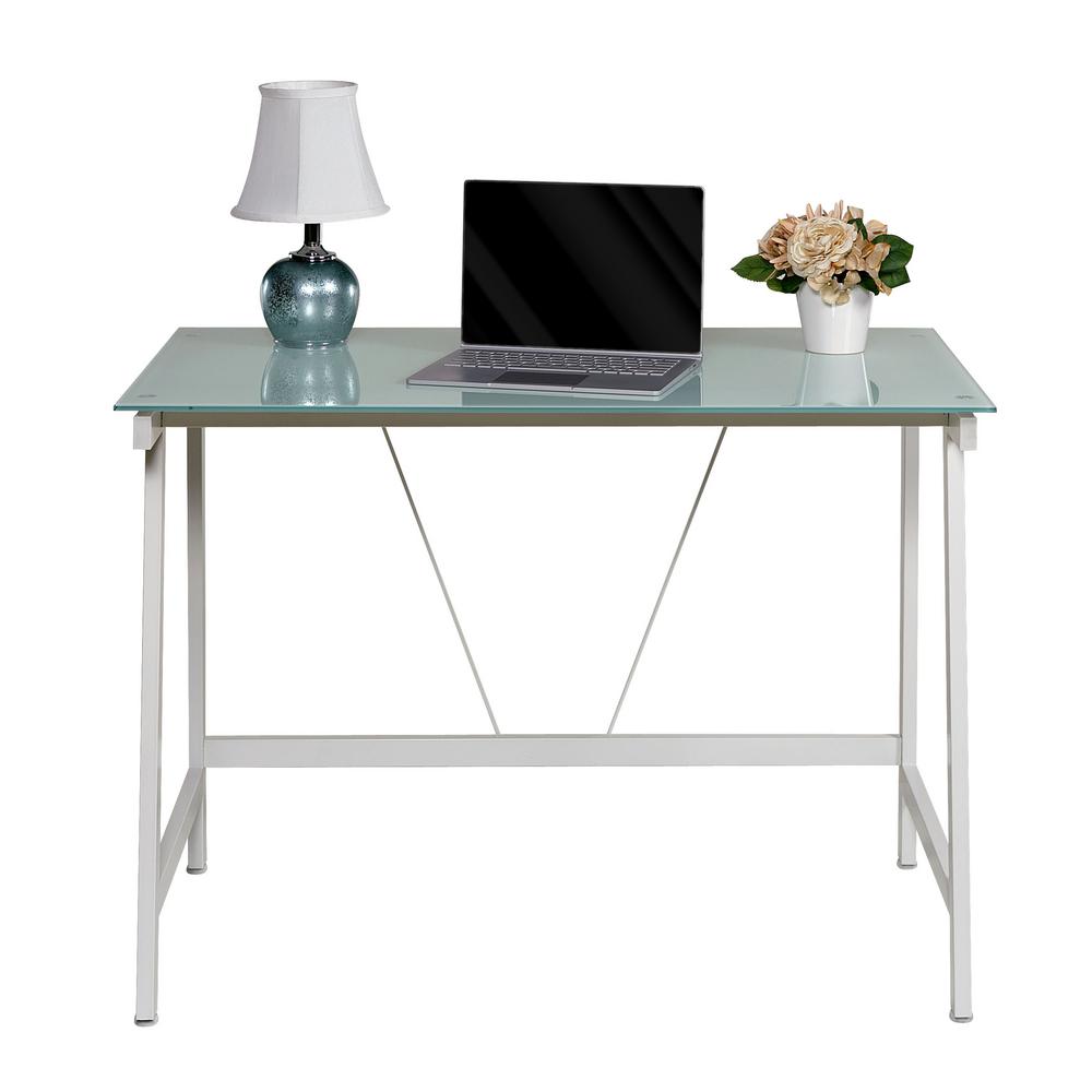 Onespace Contemporary Glass White And Cool Blue Writing Desk With