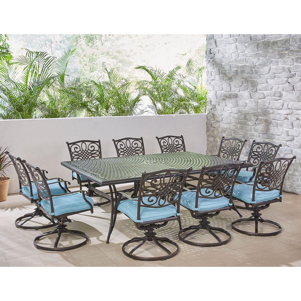 Hanover Traditions 11 Piece Aluminum Outdoor Dining Set With 10 Swivel Rockers With Blue Cushions Traddn11pcsw10 Blu The Home Depot