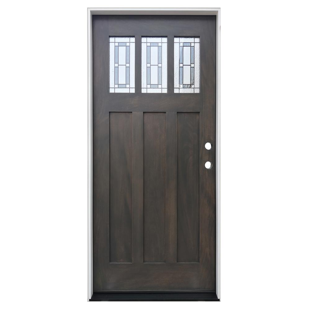 Pacific Entries 36 In X 80 In Ash Left Hand Inswing 3 Lite Decorative Glass Stained Mahogany Prehung Front Door With 6 9 16 In Jamb