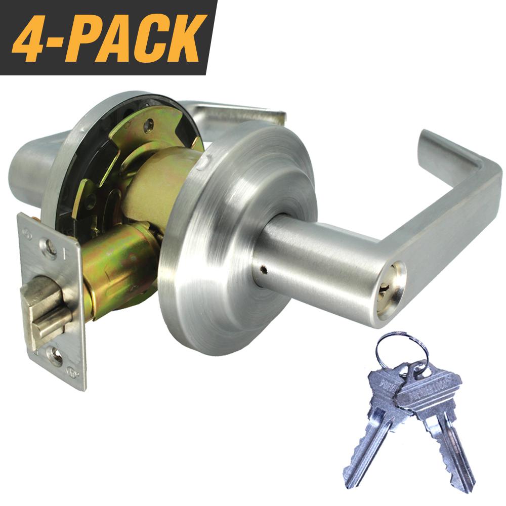 Premier Lock HeavyDuty Satin Chrome Grade 2 Entry Door Lever Lock Set with 9 Keys Total (4Pack