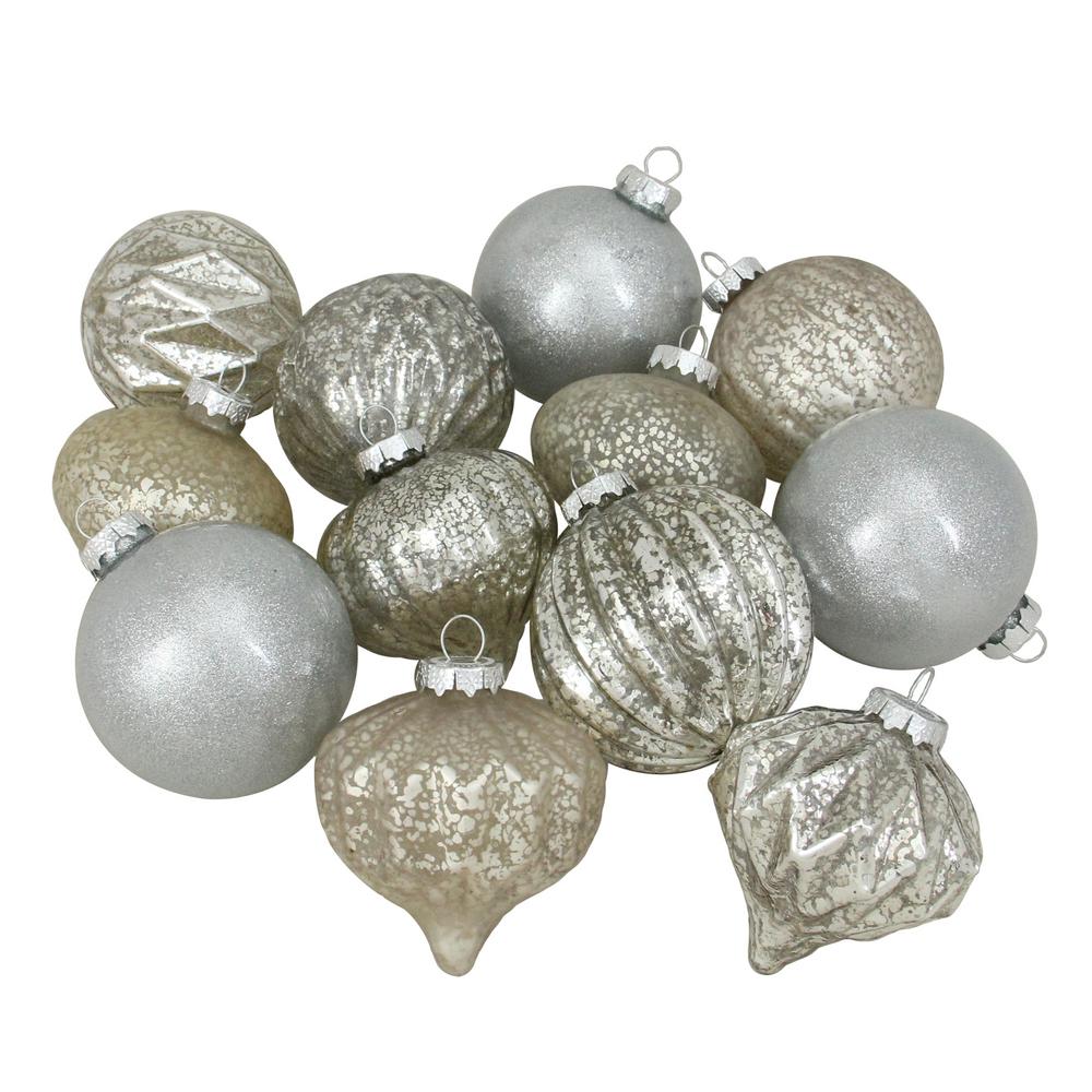 4 in. (100 mm) Silver Mercury Glass Christmas Glass Ball and Onion Drop Ornaments (12-Count)
