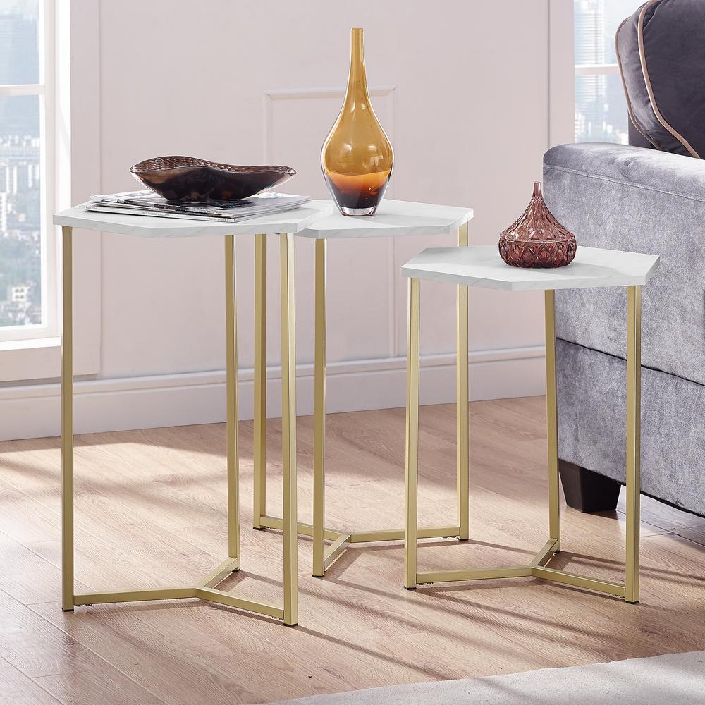 Modern Transitional Faux White Marble Gold Hex Wood And Metal Nesting Tables Set Of 3