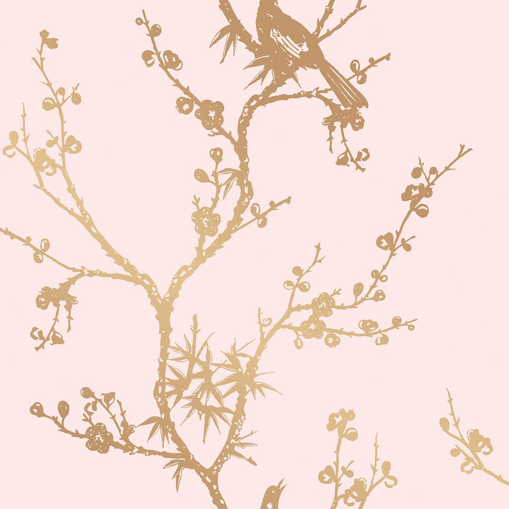 Cynthia Rowley Bird Watching Rose Pink And Gold Self Adhesive Removable Wallpaper