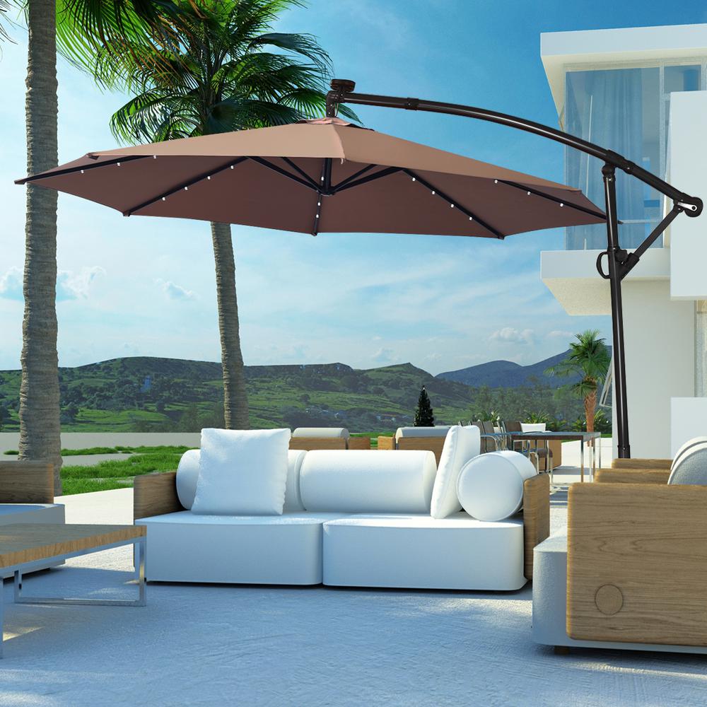 Costway 10 Ft Aluminum Offset Cantilever Solar Tilt Patio Umbrella Led Lights 360 Degrees Rotation Tan Op70282cf The Home Depot