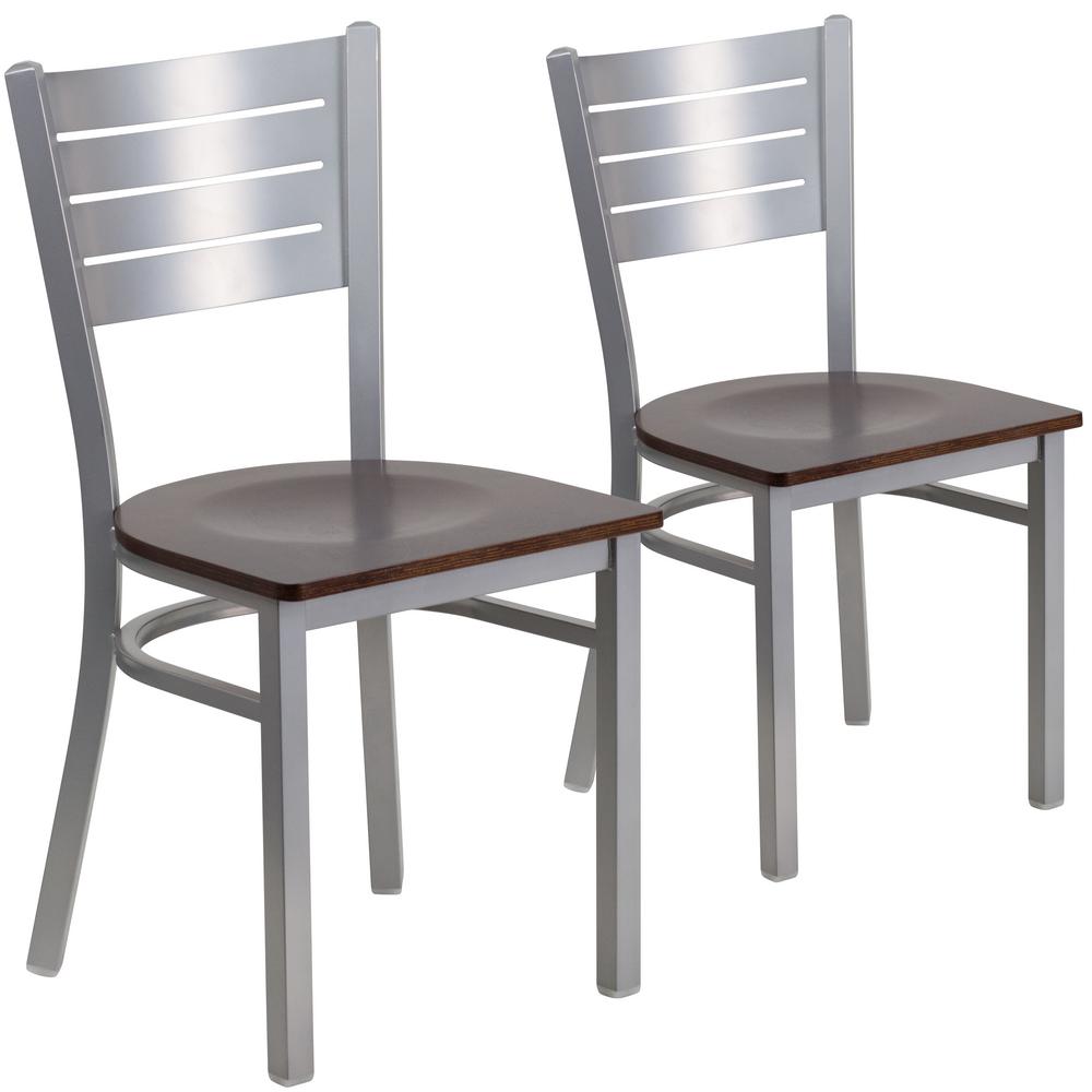 Walnut Wood Seat Silver Frame Restaurant Chairs Set Of 2