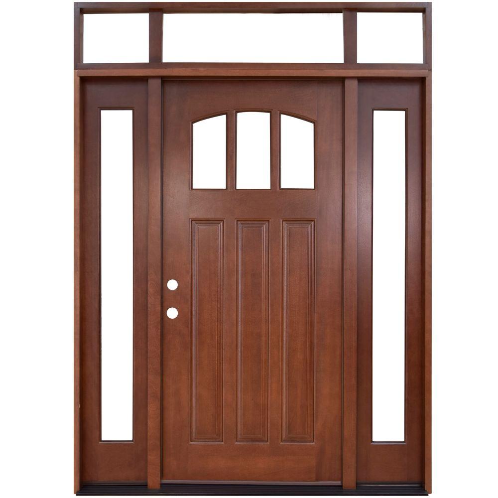 Steves Sons 64 In X 80 In Craftsman 3 Lite Arch Stained Mahogany Wood Prehung Front Door With Sidelites And Transom