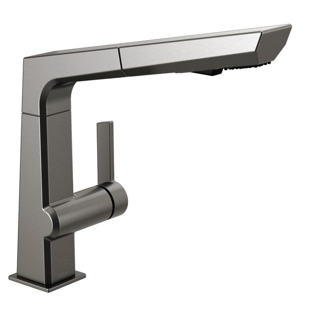 Delta Pivotal Single Handle Pull Out Sprayer Kitchen Faucet In Black Stainless