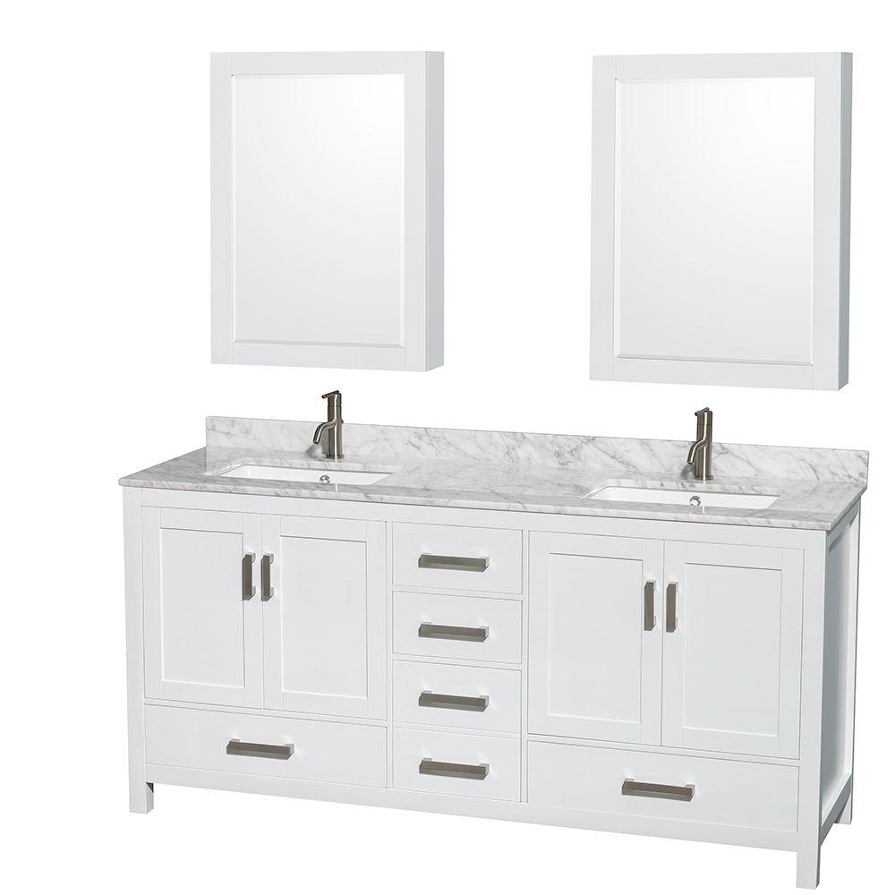 Wyndham Collection Sheffield 72 In Double Vanity In White With Marble Vanity Top In Carrara White And Medicine Cabinets Wcs141472dwhcmunsmed The Home Depot