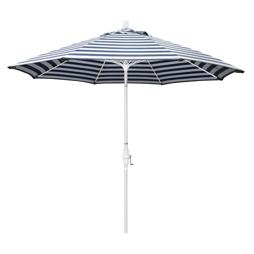 California Umbrella 9 Ft Fiberglass Market Collar Tilt Matted White Patio Umbrella In Navy White Cabana Stripe Olefin Gscuf908170 F96 The Home Depot