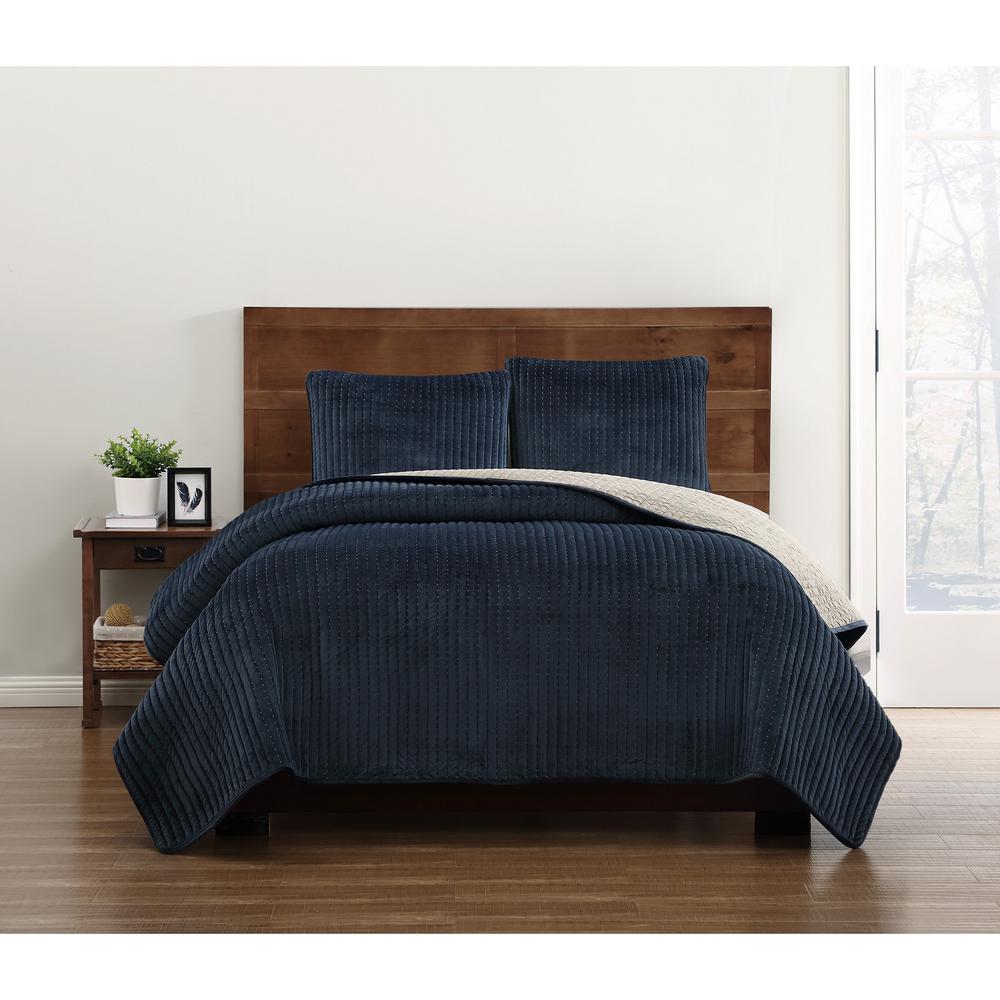 Truly Soft Everyday Velvet Pick Stitch Quilt Sets Navy King Quilt Set ...