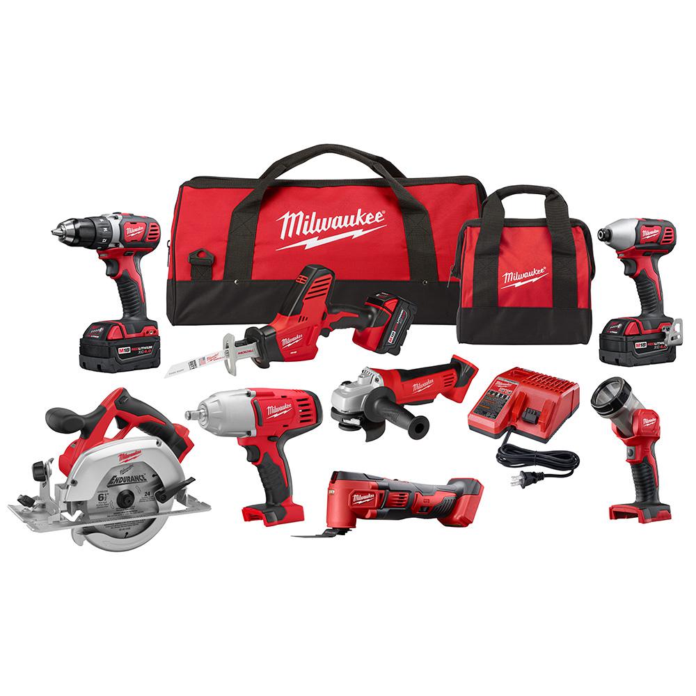 Milwaukee M18 18-Volt Lithium-Ion Cordless Combo Kit (8-Tool) with Three 4.0 Ah Batteries, 1 Charger, 2 Tool Bag