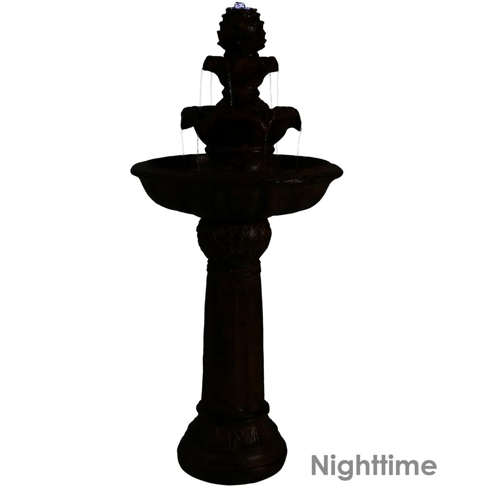 Sunnydaze Decor 42 In Ornate Elegance Tiered Outdoor Solar Water Fountain In Rustic Finish With Battery Backup And Led Light Sl 474 The Home Depot